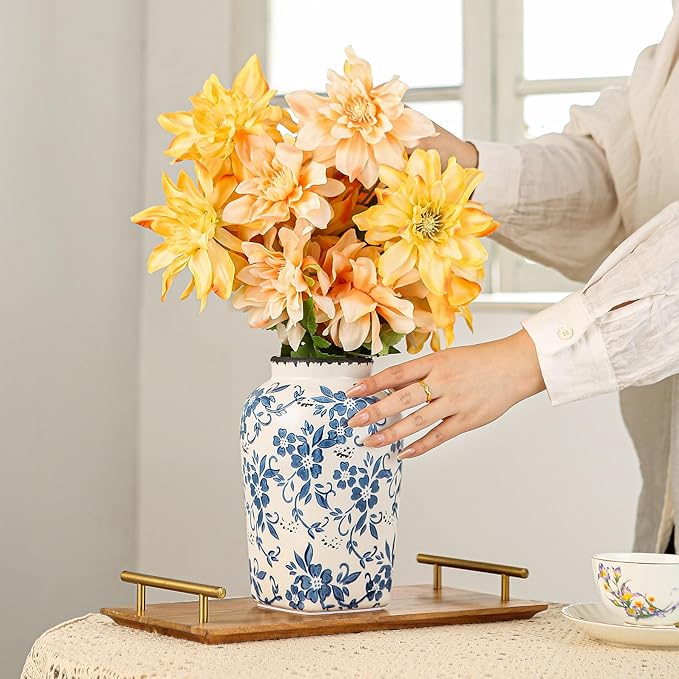 Blue and White Chinoiserie Vase, Handmade Vintage Floral Ceramic Vase, Round Blue Vase for Flowers, Rustic Table Centerpiece, Blue Vases Home Decor for Living Room, Office, Kitchen 8.4 in