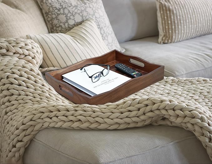 Acacia Wood Serving Tray with Handles,16.5x12.6inch Perfect for Breakfast, Lunch, Dinner, Food Snacks Drinks for Coffee Table,Decorative Ottoman Tray for Living Room Kitchen, Bedroom