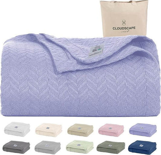 Cloud Scape Linen 100% Cotton Blanket Twin 68x92 Lavender Blue - Cozy Herringbone Weave, Fits Up to Twin XL Size Beds, Breathable Softness, All-Season Warmth, Winter Blanket, Bedding Gift Choice