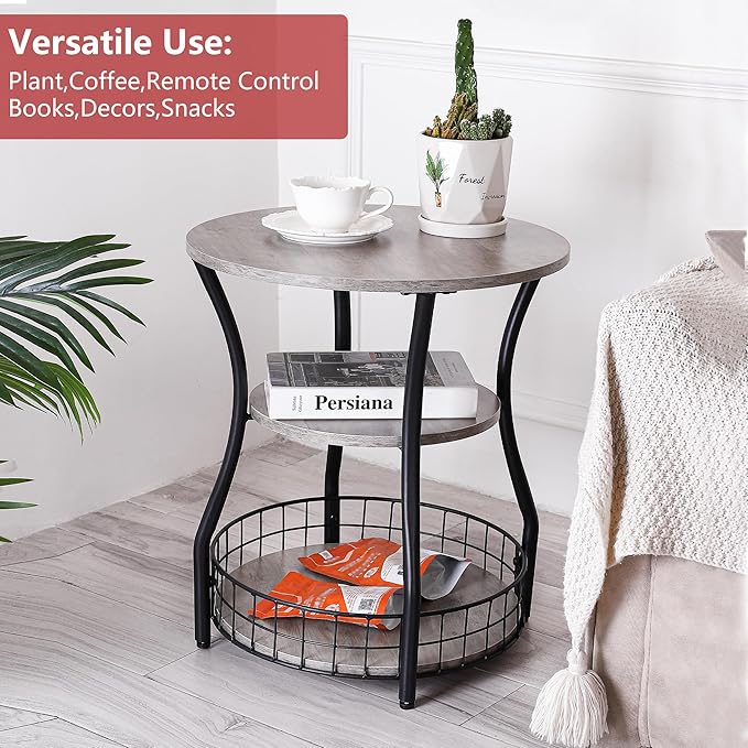 Small Side Table Round End Table with Storage Shelf Basket, 3-Tier Accent Corner Sofa Couch Side Tables Coffee Drink Table for Small Spaces,Round Nightstand for Living Room, Bedroom, Greige