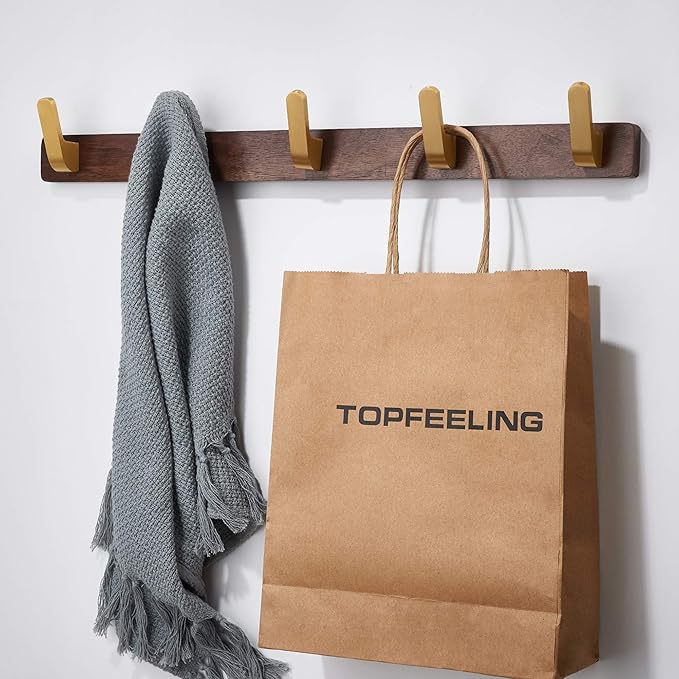 Wall Mounted Coat Rack, Entryway Hanging Coat Rack, Metal Wood Coat Rail with 5 Rustic Hooks Rail for Coat, Scarf, Bag, Towel, Key, Cap, Hat, Walnut Gold Matt