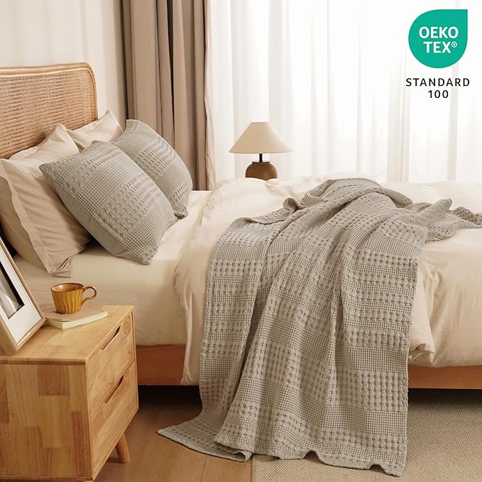 PHF 100% Cotton Waffle Weave Throw Blanket, Soft Lightweight Breathable Cozy Throws for Couch Bed Sofa, 300 GSM Luxury Aesthetic Blanket Gift for Home Decor & Office, 50"x60", Taupe