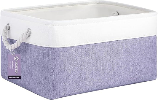 Large Storage Baskets- 15.7x11.8x8.26 inch Storage Bins for Shelves and Closet Organizing, Foldable Fabric Bin for Home Organization Clothes and Laundry (1-Pack, White&Purple)