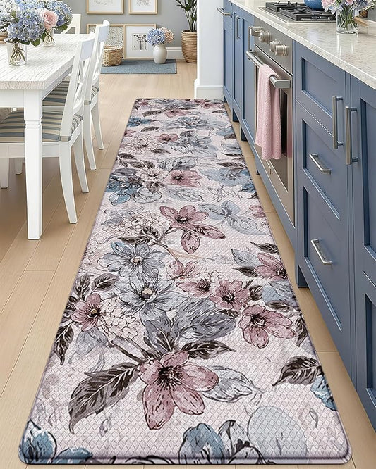 DEXI Kitchen Mats for Floor, 23x86, Cushioned Standing Mat Anti Fatigue, Wide Waterproof Comfort Floral Padded for Laundry Room Office, Pink and Teal