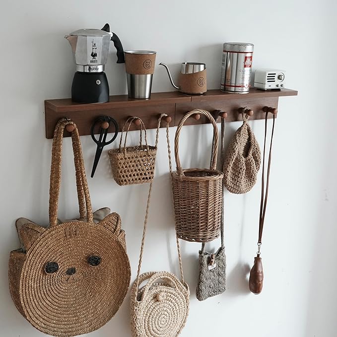 Entrance Coat Rack ，Coat Hooks, Wall-Mounted Wooden Hook Rack, Wall-Mounted Shelves are Very Suitable (Teak Colored Finish)