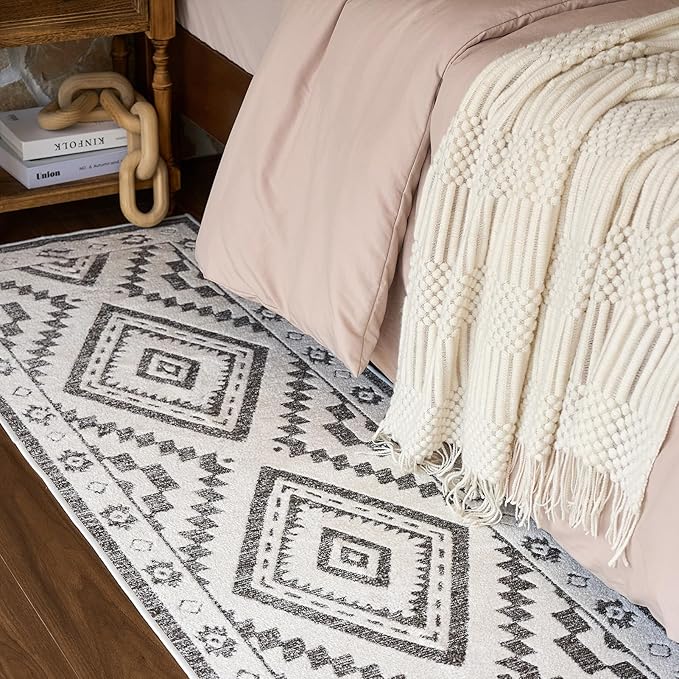 RAMEFILD Moroccan Washable Runner Rug 2x6, Geometric Woven Area Rug, Farmhouse Boho Accent Hallway Runner Rug, Non-Slip Soft Low Pile Throw Mat for Living Room Laundry Entryway, Dark Brown/White