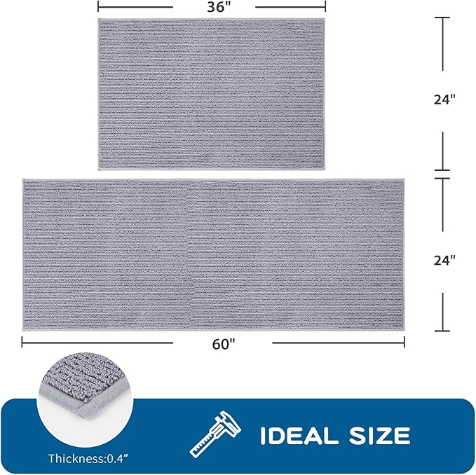 PURRUGS Machine Washable Kitchen Rug Set [2 PCS] (24" x 36"+ 24" x 60"), Non-Slip/Skid Kitchen Runner Rugs & Floor Mats, Super Absorbent Soft Area Rugs for Sink, Kitchen & Laundry, Grey