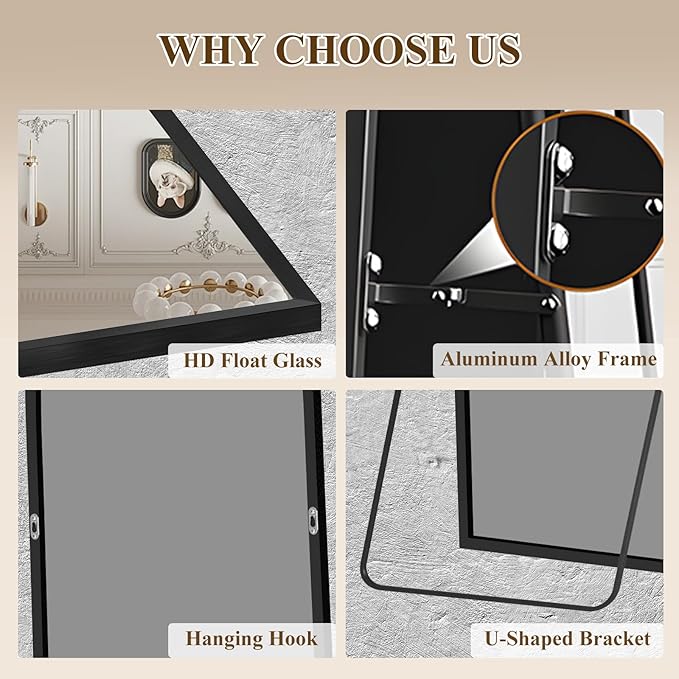 Full Length Mirror with Stand, Shatterproof Full Body Mirror, Aluminum Alloy Thin Frame - Freestanding/Leaning/Wall Mount for Bedroom, Living Room & Entryway (Black)