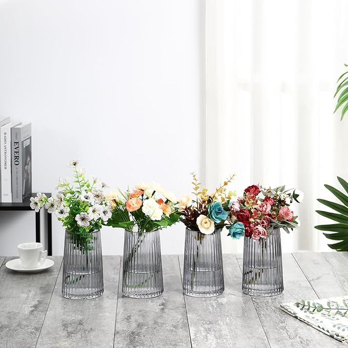 Black Glass Vases Set of 4, Small Vases for Flowers, Flower Vase for Bouquet, Modern Ribbed Glass Vase for Living Room, Bedroom, Dining Table, Office, Wedding, Centerpieces