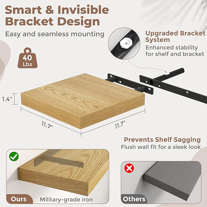 Floating Shelves for Wall with Invisible Brackets, Wall Mounted Engineered Wood Shelves with Wood Grain for Living Room, Bedroom, Bathroom, Kitchen Decor and Storage, Oak, 12"L Set of 3, Oak