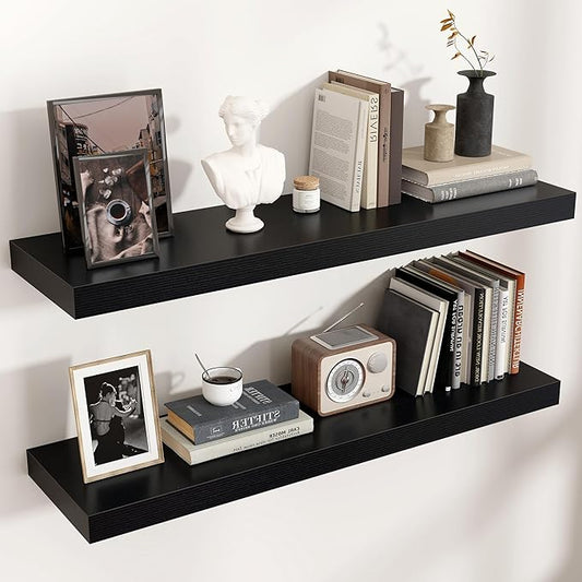 Floating Shelves for Wall, Engineered Wood Wall Shelves with Invisible Brackets for Living Room Bedroom Bathroom Office Kitchen Decor and Storage (Black, 36" W x 9" D x 1.5" H) Set of 2