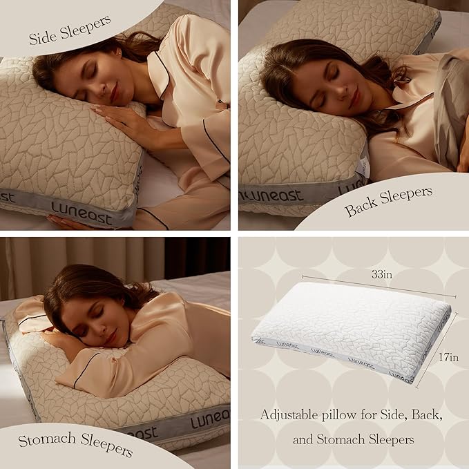Luneast Memory Foam Pillows for Sleeping Adjustable Bamboo Blend Breathable Bed Pillow for Side, Back, and Stomach Sleepers Washable Pillow Cover King Size 17X33IN