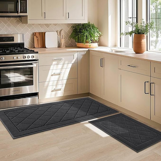 JSEI Non-Slip Kitchen Rugs, Self Adhesive No Sliding Kitchen Mats Set of 2, Soft Washable Absorbent Floor Mat for Kitchen, Bathroom, Laundry Room, Bedroom, 20”x32”+32”x48”, Dark Grey, Diamond Pattern