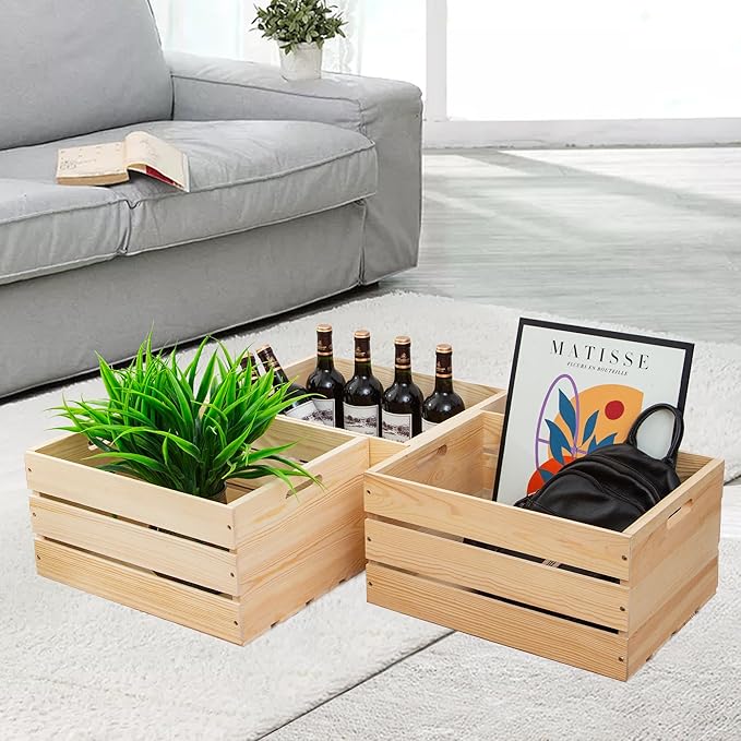 3 Pieces Large Pine Wood Crates For Storage, Unfinished Natural Wooden Crates, 17" x 13" x 8.9" Each, Holds Up to 50 Pounds