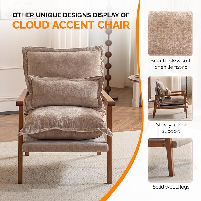 VINGLI Mid-Century Modern Cloud Accent Armchair with Lumbar Pillow, 6.3'' Thick Seat Cushion Comfortable Reading Chair with Wooden Armrests，Boho Lounge Chair for Bedroom, Living Room, Chenille, Khaki