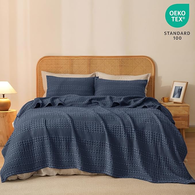 PHF 100% Cotton Waffle Weave Blanket Twin Size for Bed, Soft Lightweight & Breathable, All-Season Comfort, 300 GSM Luxury Aesthetic Blanket for Home Decor, 66"x90", Indigo