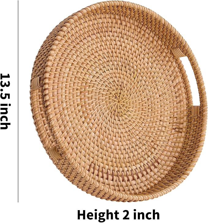 Round Rattan Serving Tray,Hand-Woven Tray with Handles, Ottoman Decorative Coffee Table Tray,Wicker Storage Basket for Tea,Fruit,Bread (Natural, 13.5")