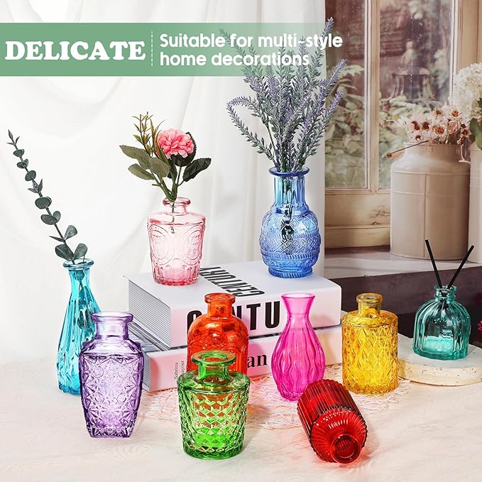 Inbagi 20 Pcs Glass Bud Vase Set - Colored Flower Vases Bulk, Vintage Embossed Decorative Bottles for Wedding Valentine Home Table Centerpieces Decor