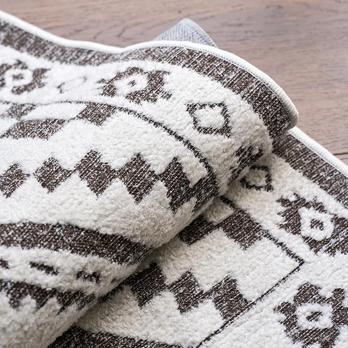 RAMEFILD Moroccan Washable Area Rug 4x6, Geometric Decorative Woven Rug Low Pile, Non-Slip Boho Accent Farmhouse Area Rug for Living Room Laundry Bedroom Dining Table, Dark Brown/White