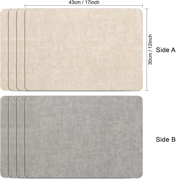 Myir JUN Reversible Vinyl Placemats Set of 4, Faux Leather Place Mats Dual Sided Waterproof Wipeable, Heat-Resistant Table Mats for Kitchen Dining Indoor Outdoor (12" x 17", Light Gray Cream-White)