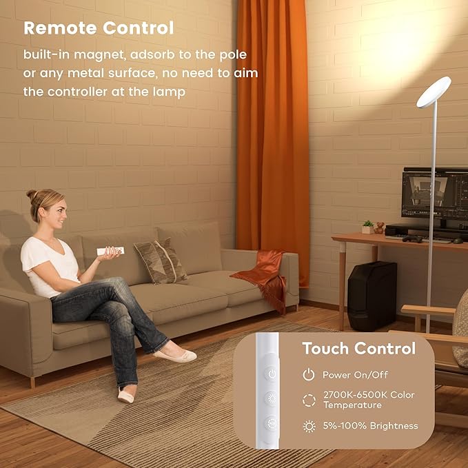 WOWLUMEN Floor Lamp,Bright 36W 3500LM Standing Lamp with Remote, 2700K Soft White to 6500K Cool White Adjustable,Touch Control Dimmable Torchiere Tall Light for Living Room,Bedroom,Office,Sofa(White)