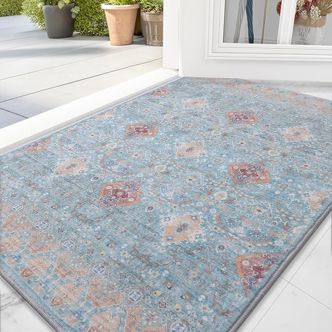 Vanmoos 2x3 Washable Area Rug – Soft, Non-Slip Entrance Rug, Durable Indoor Door mat, Floor Carpet for High-Traffic Areas, Entryway, Kitchen, and Bedside, Charm/Turquoise