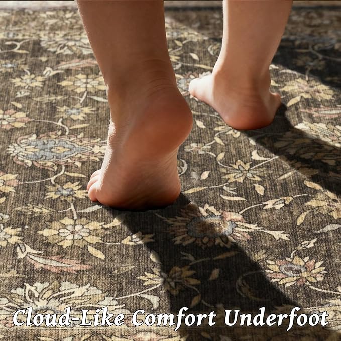 Washable 5x7 Area Rugs for Living Room, Boho Non-Slip Vintage Distress Rugs for Bedroom Dining Room Nursery Office, 0.3" Neutral Oriental Throw Thin Carpet with Cushioning Pad, Tan/Flaxen/Multi