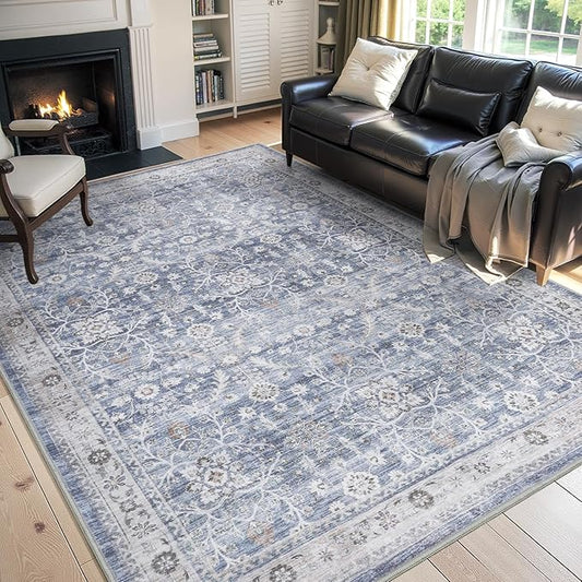MontVoo-Vintage Area Rug 5X7 Blue Rugs for Living Room-Soft Distressed Printed Rugs for Bedroom-Non Slip Carpet-Machine Washable Rug for Dining Room Living Room Bedside Office