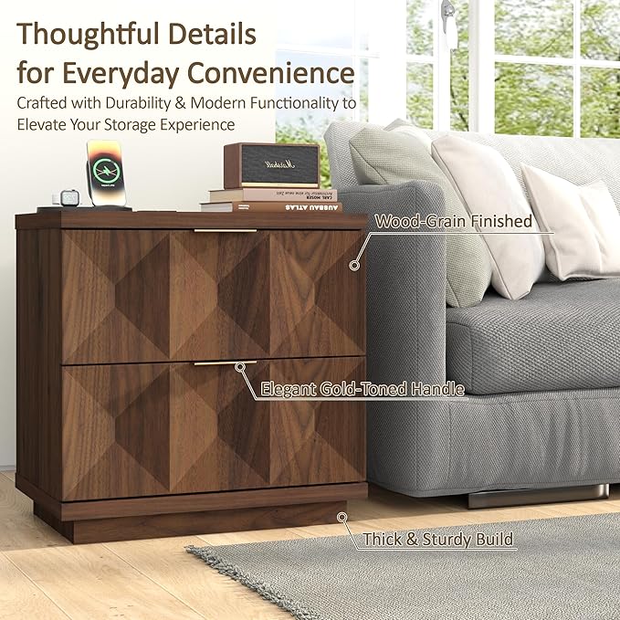 Yechen 23.6" Walnut Nightstand with 20W Faster Charging Station, Modern Bedside Table with 3D Geometric Drawers Front Panel, Wood 2 Drawer Night Stand with Storage, Accent End Table for Bedroom