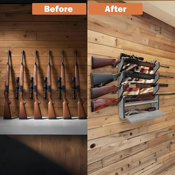 Rush Creek Creations Gun Rack, Wall Mount Gun Rack for Rifles or Shotguns, Patriotic American Flag Design, Additional Storage for Gun Accessories