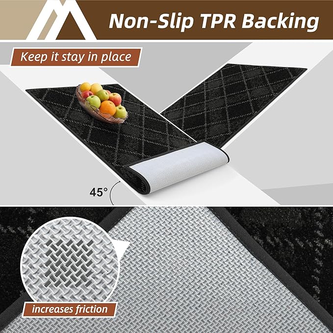 COSY HOMEER Kitchen Rugs and Mats Sets 2PCS Non-Slip Soft Kitchen Mats for Floor Absorbent and Stain Resistant Kitchen Floor Mat Washable Plaid Rugs for Kitchen,20"x32"+20"x48",Black