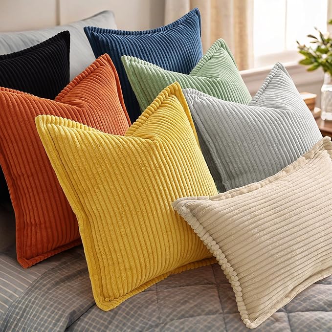 decorUhome Spring Corduroy Mustard Yellow Euro Sham Throw Pillow Covers 26x26 Set of 2 Decorative Soft Boho Farmhouse Couch Pillow Covers for Living Room Bed Sofa Broadside Striped Pillow Cases