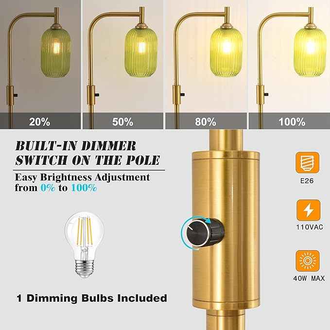 Asmymhd Dimmable Brass Gold Floor Lamp, Mid Century Modern Standing Lamp with Ribbed Green Glass Lampshade,Tall Lamp for Living Room Bedroom Study Room