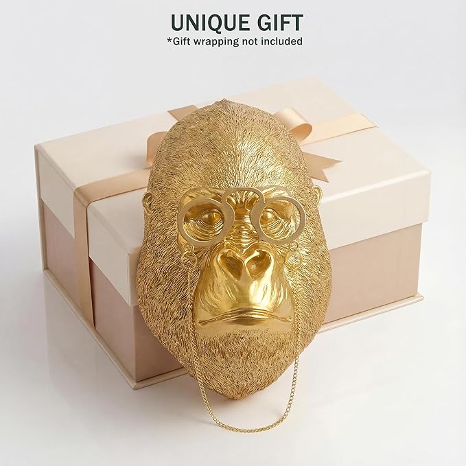 Juedawyal Golden Animal Head Wall Decor – Gorilla with Glasses, Resin Eclectic Wall Art for Entryway, Bar & Living Room