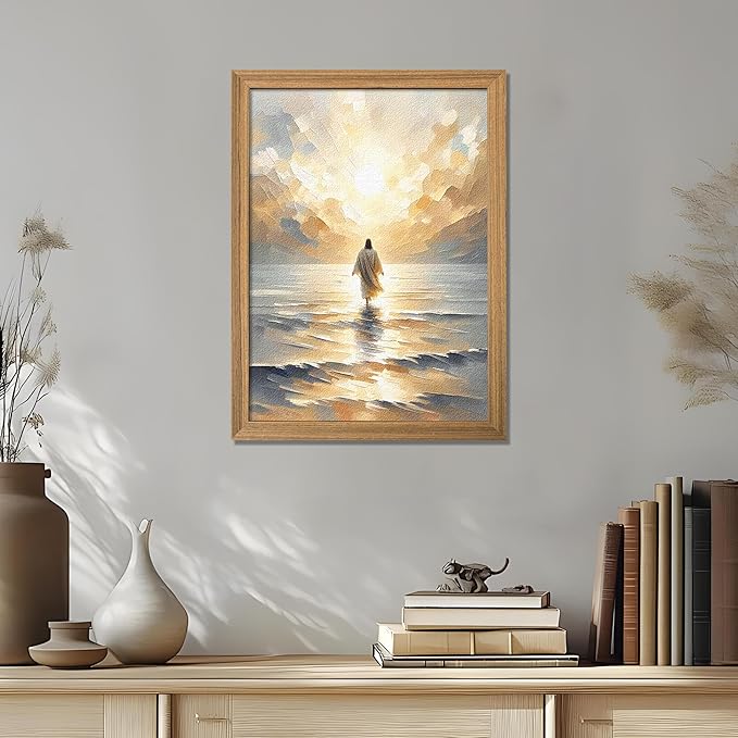 Framed 3D Textured Jesus Walking on Water Wall Art, Christian Bible Stories Wall Decor Paintings, Jesus Walks on Water on Water Back Posters Prints Pictures for Church Living Room Bedroom 12x16 Inch