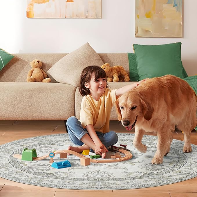 Dotiiorug Round 6Ft Washable Area Rug,Vintage Floral Low Pile Non Slip Carpet Non-Shedding Rug Soft Stain Resistant Mat for Living Room Bedroom Beige and Sage Green