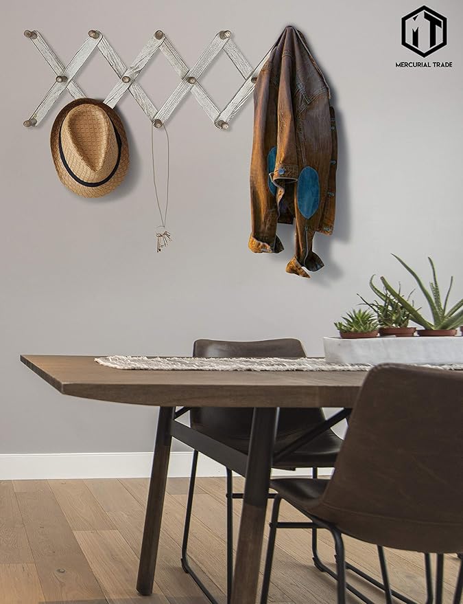 Expandable Wooden Coat Rack Hanger – Accordion Wall Mounted Pine Wood Hooks – Hand Made Vintage Expending Pegs – Hang Coat, Jacket, Hat, Leash, Towel, Mug, Bag – Distressed White