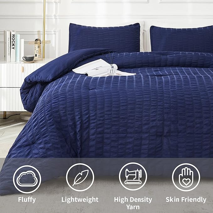 AveLom Seersucker King Comforter Set (104x90 inches), 3 Pieces - 100% Soft Washed Microfiber Lightweight Comforter with 2 Pillowcases, All Season Down Alternative Comforter Set for Bedding, Navy