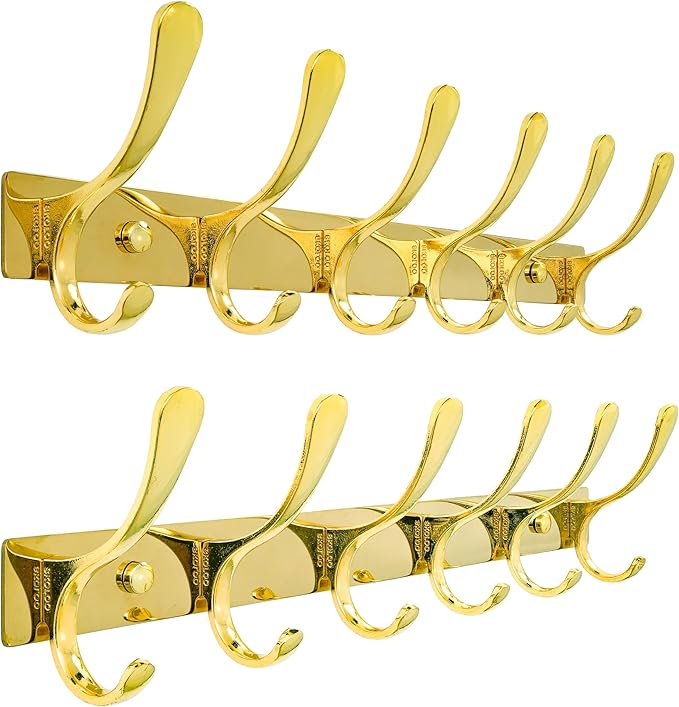 SKOLOO Coat Rack Wall Mounted - 6 Hooks, Pack of 2, Heavy Duty, Stainless Steel, Metal Wall Hangers, Sturdy Coat Hooks for Hanging Coats, Jacket, Clothes, Hat, Bright Gold