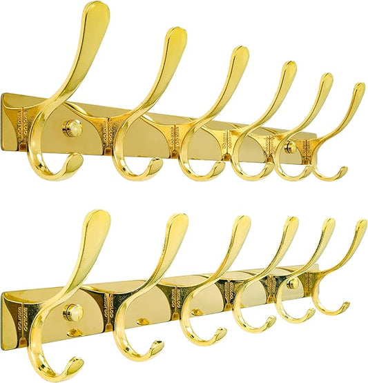 SKOLOO Coat Rack Wall Mounted - 6 Hooks, Pack of 2, Heavy Duty, Stainless Steel, Metal Wall Hangers, Sturdy Coat Hooks for Hanging Coats, Jacket, Clothes, Hat, Bright Gold