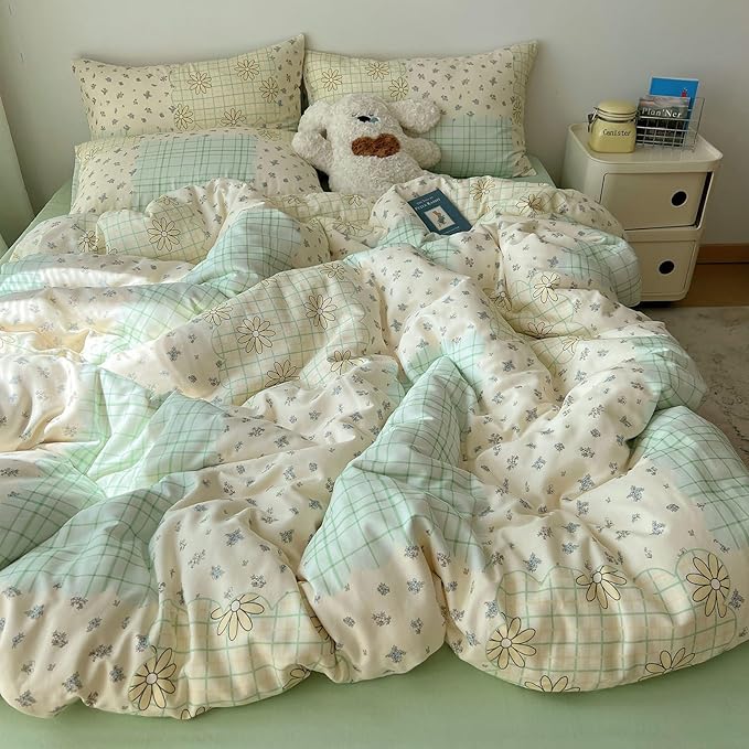 LifeTB Muslin Duvet Cover King Size 100% Cotton Botanical Floral Comforter Cover Aesthetic Flower Chic Plaid Desgin Cottagecore Bedding Set Breathable Soft Gauze Duvet Cover with 2 Pillowcases