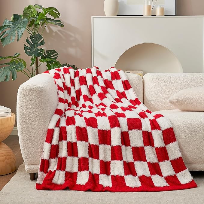 Snuggle Sac Red Checkered Christmas Blanket, Fluffy Faux Fur Ultra Soft Warm Microfiber Throw Blankets for Couch, Sofa, Chair, Bed, Red Checker, 50x60 inches