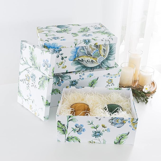Soul & Lane Breezy Bloom Floral Storage Boxes with Lid - Set of 3: Home Décor Memories Cartons, Nesting Decorative Photo Storage Containers, Flower Paperboard Keepsake Bins, Cardboard File Boxes