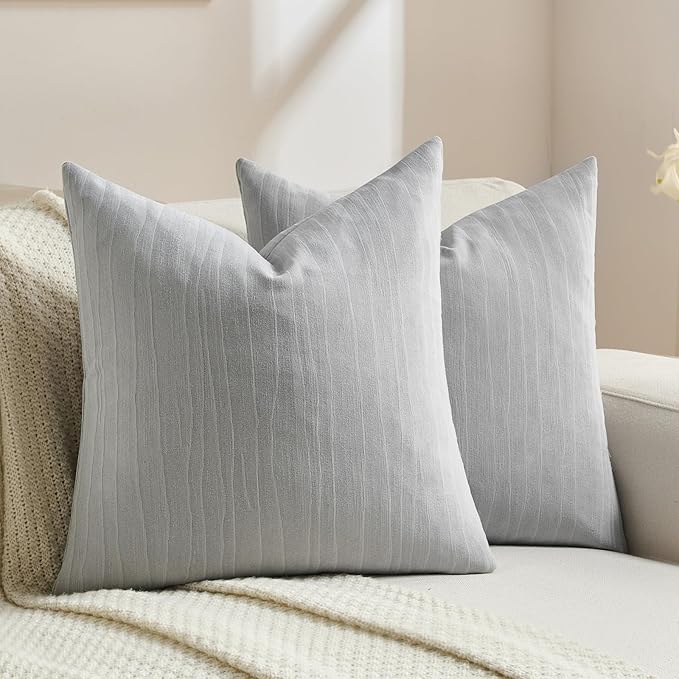FUTEI Light Grey Chenille Decorative Throw Pillow Covers 24x24 Inch Set of 2,Soft Crushed Striped Texture European Cushion Case,Modern Home Decor for Couch Bed Living Room