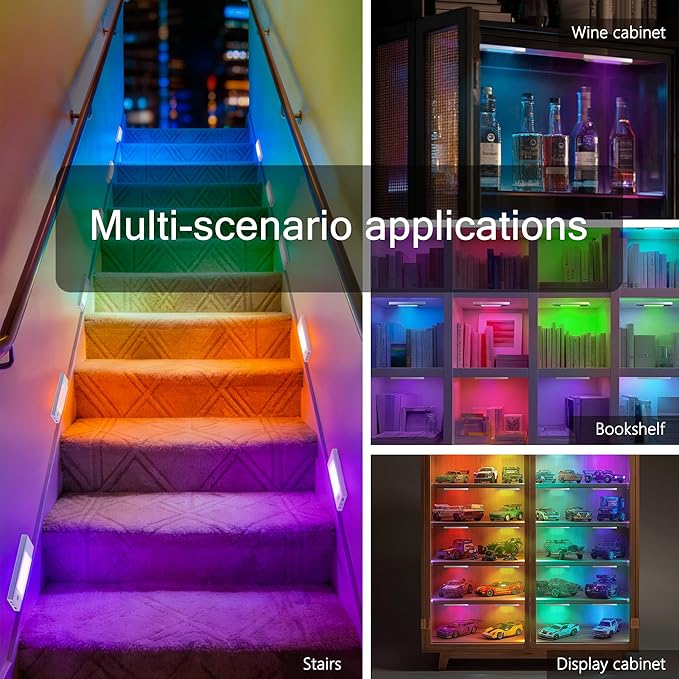 V4light RGB Motion Sensor Night Light, 6-Color Rechargeable Stair Lights, Magnetic Stick-On LED Bookshelf Light with Auto-Off, Touch Control, for Hallway, Stairs, Display Cabinet (6-Pack)