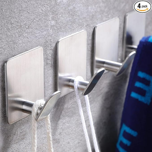 DELITON Adhesive Towel Hooks on Wall: Robe Hooks for Hanging Clothes Hats Stick on Bathroom/Kitchen SUS 304 Stainless Steel Silver