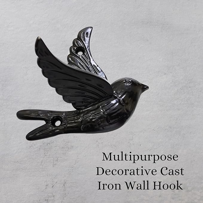 Set of 3 Cast Iron Bird Shape Coat Hooks Wall Art Decor-Bird Shape Hangers and Key Holder-Clothes Rack and Backpack Hanger-Coat Hooks Home Decor for Storage, Living Room, Hallway (Black)