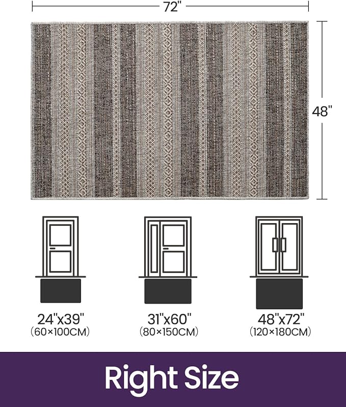 DEXI Dirt Trapper Door Mat, 48x72 Washable Doormat, Dirt Resistant and Absorbent, Easy Clean Low-Profile Floor Rugs for Entryway, Front Door, and Inside Entrance, Striped Brown