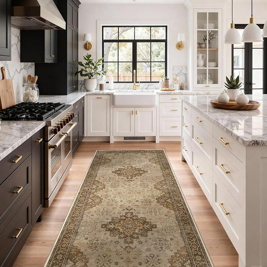 GENIMO 2'6''x6 Runner Rug,Machine Washable Non-Slip Vintage Rugs,Low Pile Lightweight Carpet for Bedroom,Hallway,Entryway,Kitchen,Bathroom,Brown