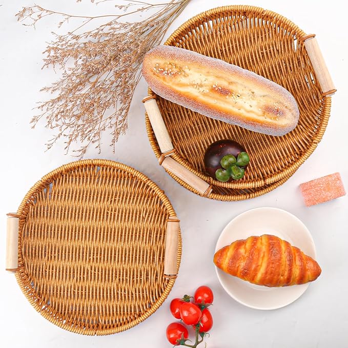 4 Pack 9.7 inch Round Rattan Tray, Round Woven Serving Basket with Handles, Storage Rattan Serving Trays for Home, Restaurant & Hotel Use, Durable & Easy-Cleaning